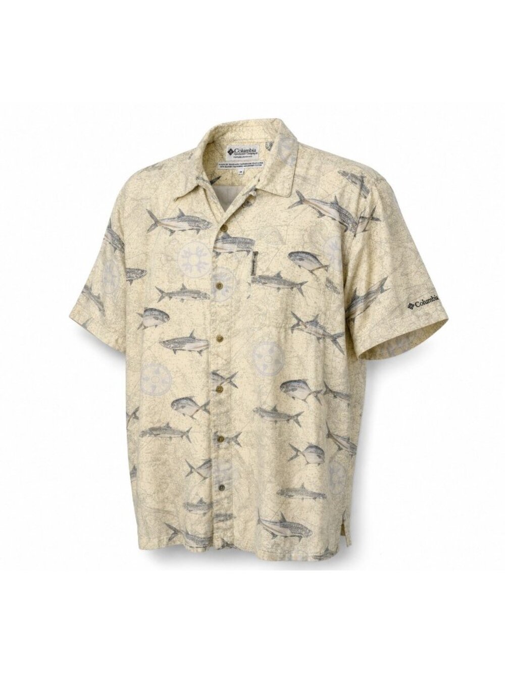 Columbia Camp Shirt Mens M Beige Nautical Fish Print Rayon Hawaiian Casual